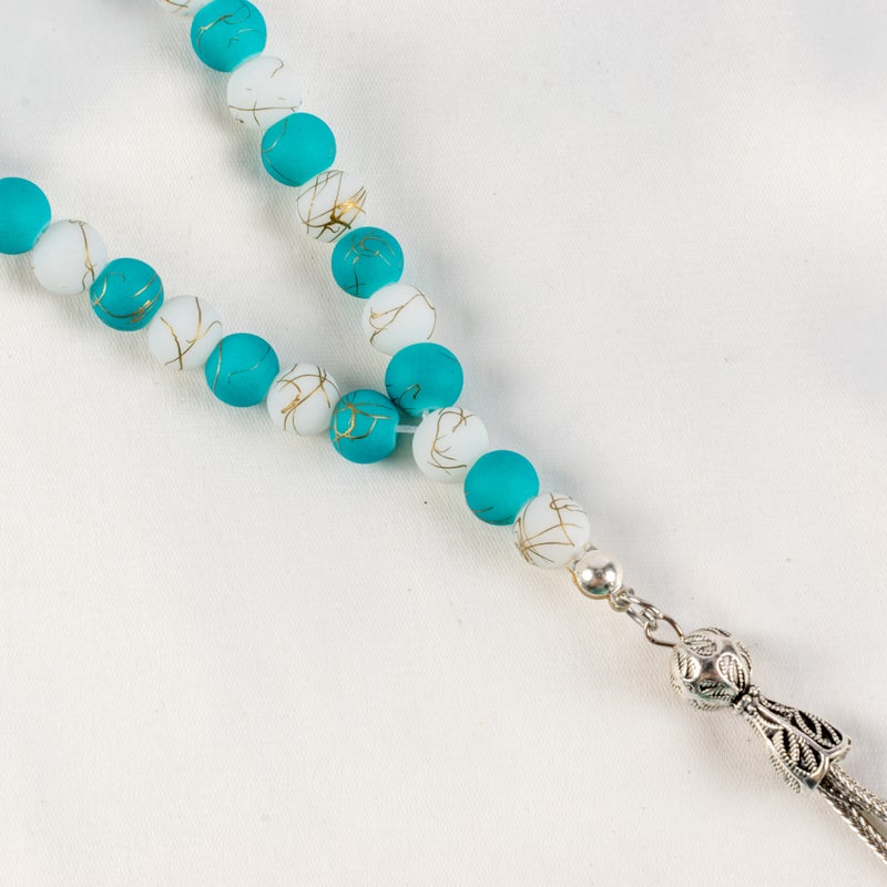 Goldesh Turquoise & White Alabaster Stone Prayer Bead of 33 Beads - Image 3