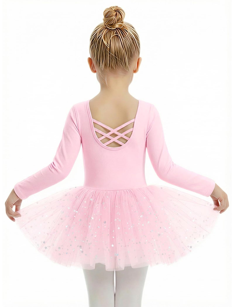 Gogokids Long Sleeve Ballet Leotards for Girls Crisscross Back Dance Outfit with Shiny Skirt Leotard 7-8 Years Light Pink - Image 1