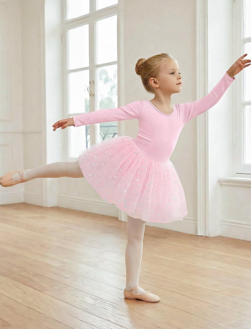 Gogokids Long Sleeve Ballet Leotards for Girls Crisscross Back Dance Outfit with Shiny Skirt Leotard 7-8 Years Light Pink - Image 3