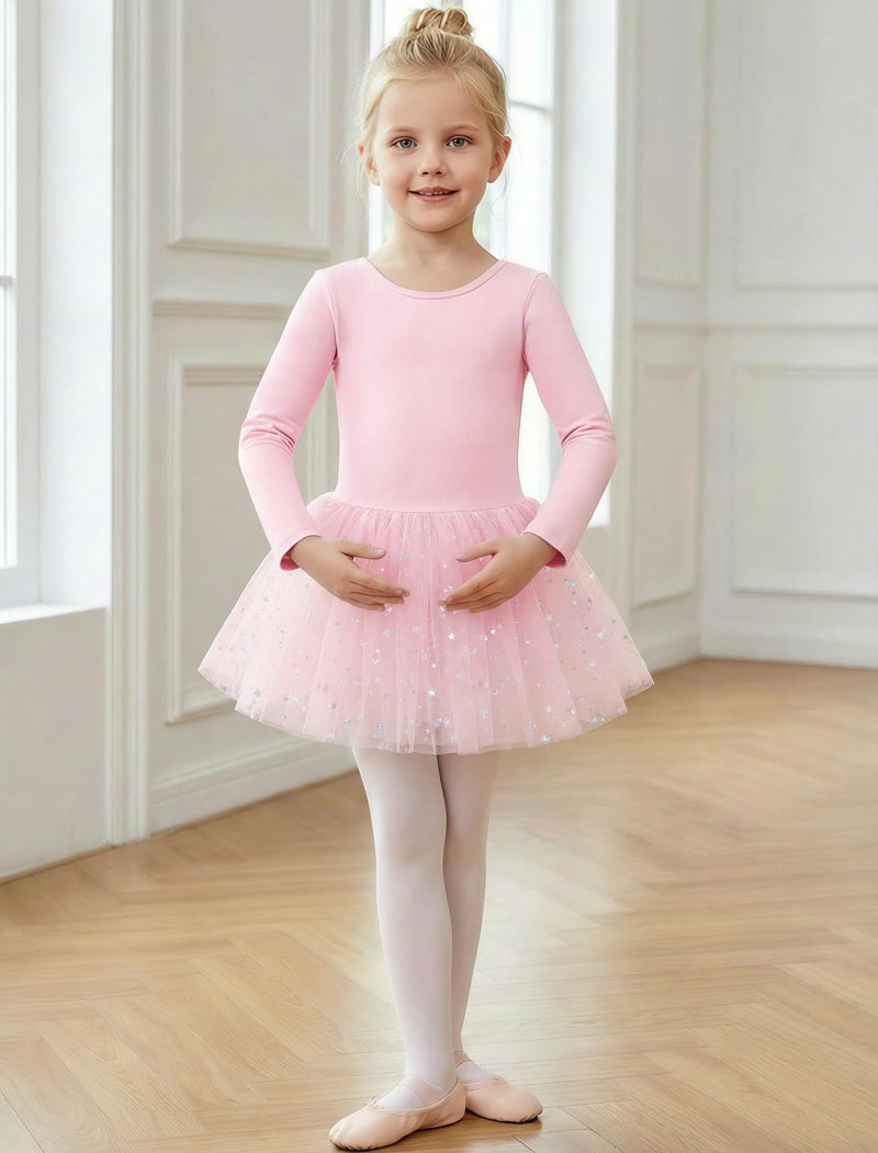 Gogokids Long Sleeve Ballet Leotards for Girls Crisscross Back Dance Outfit with Shiny Skirt Leotard 7-8 Years Light Pink - Image 2