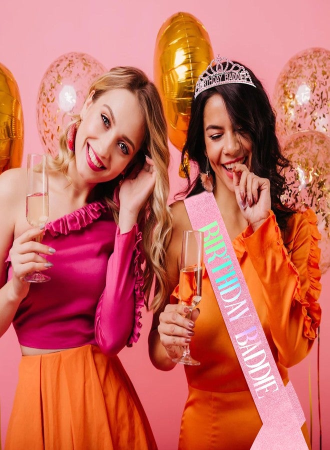 أبرنس وشاح وتاج عيد ميلاد ربيعي أنيق للنساء والفتيات، طوق رأس، إكسسوارات عيد ميلاد سعيد، زينة حفلات باللون الوردي - Image 3