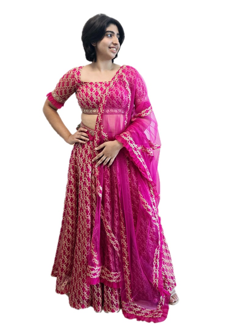 Grab Mantra - Georgette Pink Ready To Wear Lehenga Golden Zari Work Plus Beautiful Dupatta Includes Full Stitched Large Size Blouse - Image 1