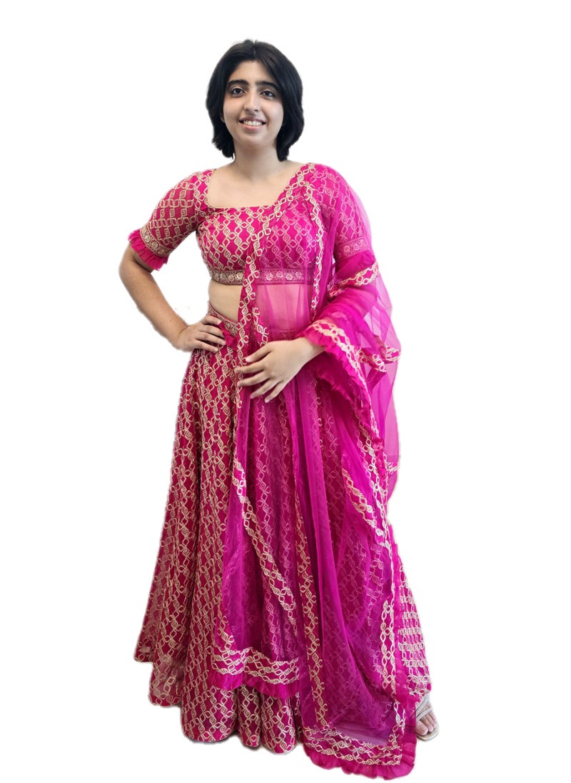 Grab Mantra - Georgette Pink Ready To Wear Lehenga Golden Zari Work Plus Beautiful Dupatta Includes Full Stitched Large Size Blouse - Image 1