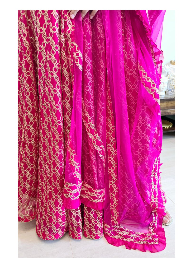 Grab Mantra - Georgette Pink Ready To Wear Lehenga Golden Zari Work Plus Beautiful Dupatta Includes Full Stitched Large Size Blouse - Image 1