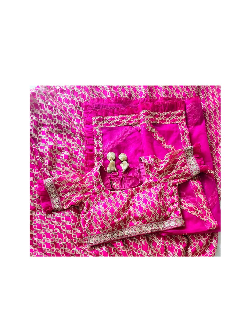 Grab Mantra - Georgette Pink Ready To Wear Lehenga Golden Zari Work Plus Beautiful Dupatta Includes Full Stitched Large Size Blouse - Image 1