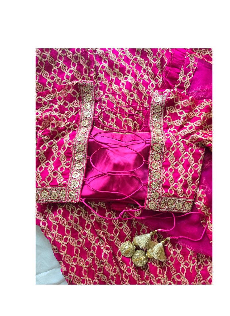 Grab Mantra - Georgette Pink Ready To Wear Lehenga Golden Zari Work Plus Beautiful Dupatta Includes Full Stitched Large Size Blouse - Image 1
