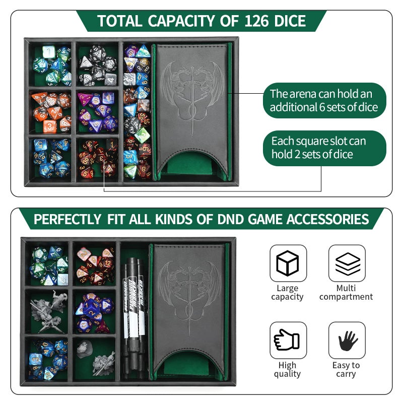 Grajar 3 in 1 Dice Tray with Lid Portable Dice Box Storage DD RPG MTG Table Games Green - Image 3