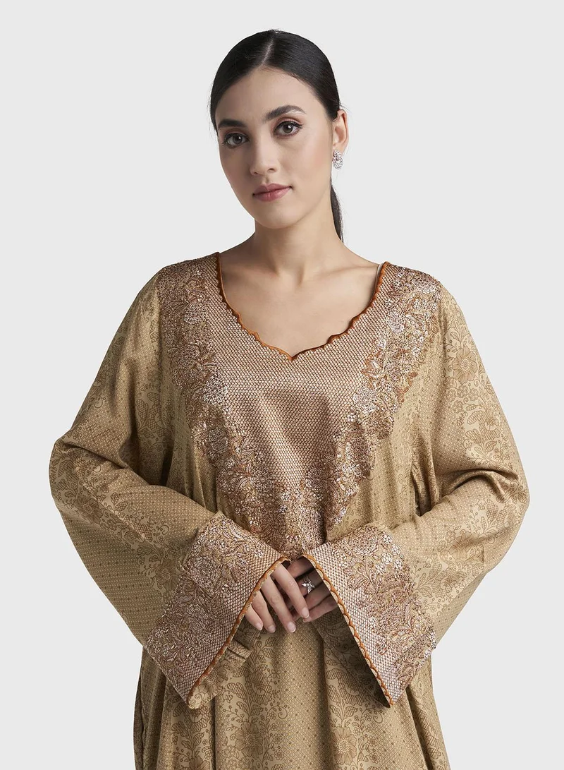 كشخة Geometric Print Stone Work and Embroidered Mukhawar Jalabiya (VG3288H)