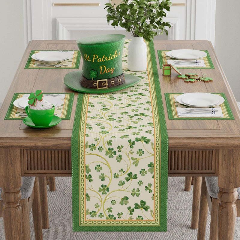 XCHI Shamrocks Clovers St. Patrick's Day Table Runner Table Decoration for Party Home Kitchen Dining Holiday Decor 13x72 Inch - Image 2