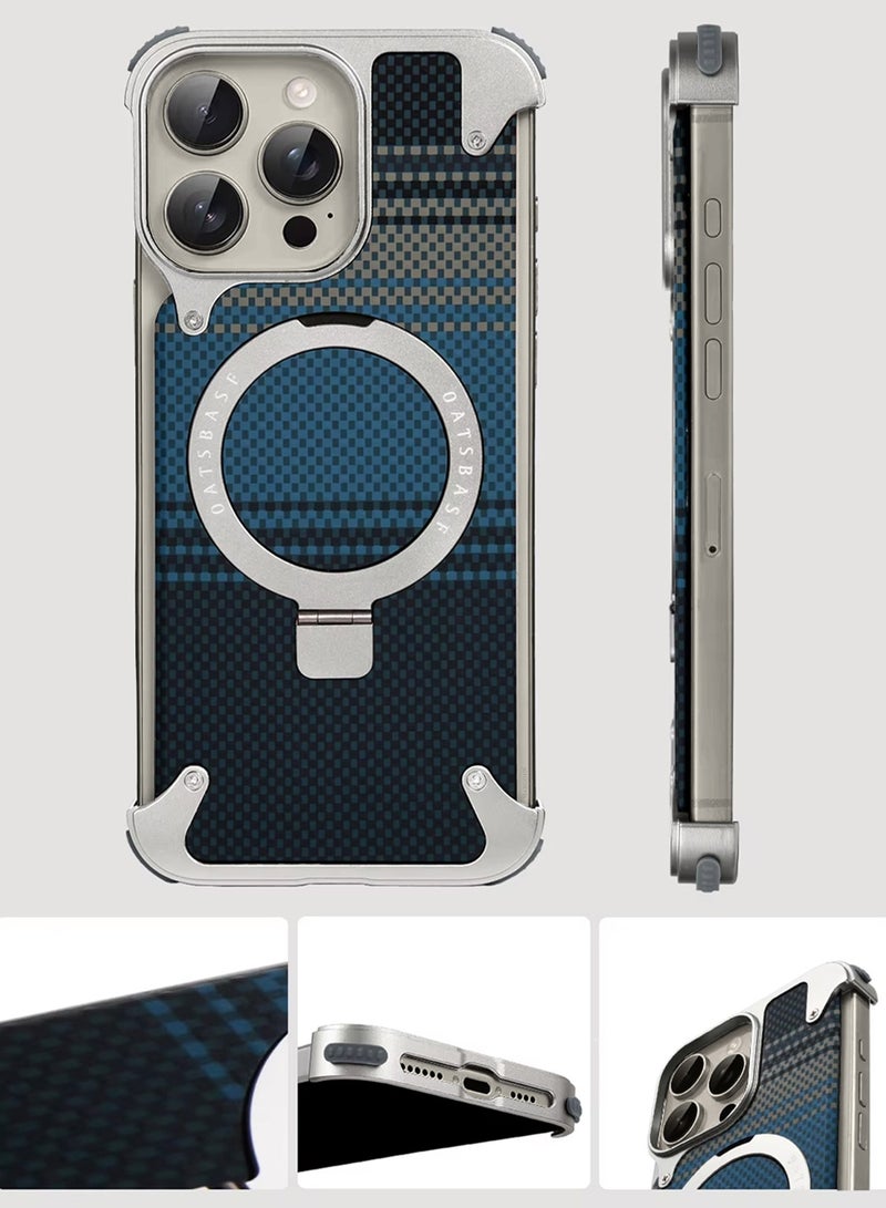 Case Cover for iPhone 15 Pro Max, Magnetic Ring Stand, Carbon Fiber Texture, Shockproof Armor, MagSafe Compatible - Blue - Image 4
