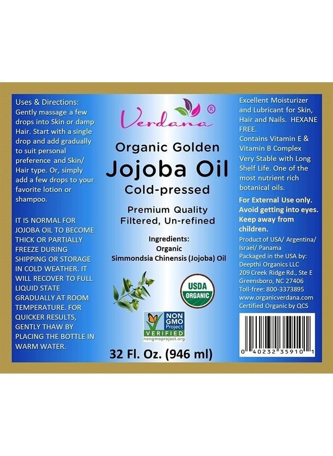 verdana - Organic Golden Jojoba Oil – USDA Certified Organic – Cold Pressed, Unrefined, 100% Pure and Hexane Free – 32 Fl. Oz. - Image 1
