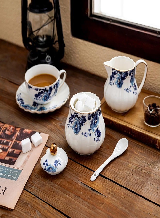 Agyiuns Ceramic Sugar and Creamer Set, 3 Piece Set with Cream Pitcher, Sugar Bowl, Sugar Set with Lid and Spoon (White with blue flower) - Image 5
