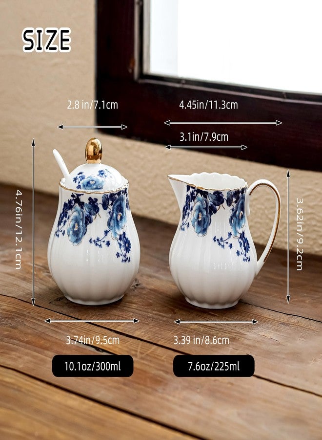 Agyiuns Ceramic Sugar and Creamer Set, 3 Piece Set with Cream Pitcher, Sugar Bowl, Sugar Set with Lid and Spoon (White with blue flower) - Image 2