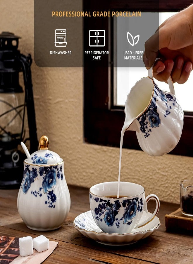 Agyiuns Ceramic Sugar and Creamer Set, 3 Piece Set with Cream Pitcher, Sugar Bowl, Sugar Set with Lid and Spoon (White with blue flower) - Image 3