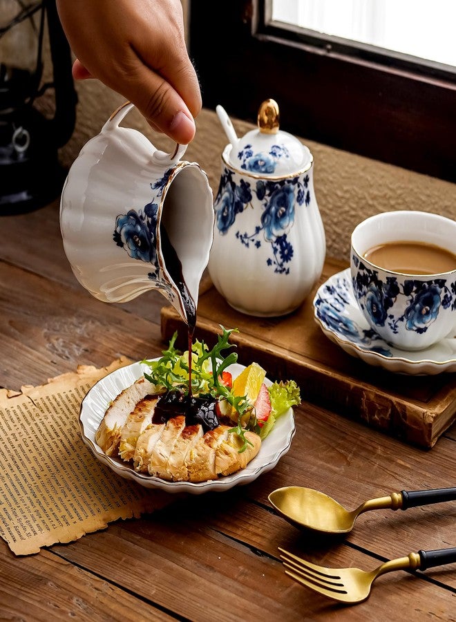 Agyiuns Ceramic Sugar and Creamer Set, 3 Piece Set with Cream Pitcher, Sugar Bowl, Sugar Set with Lid and Spoon (White with blue flower) - Image 4