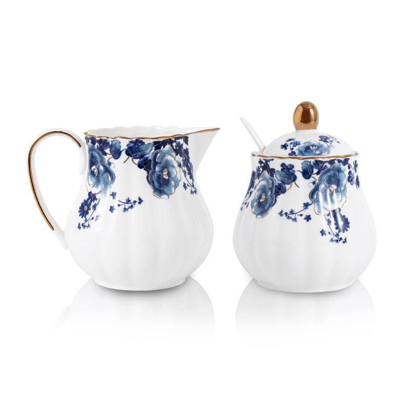 Agyiuns Ceramic Sugar and Creamer Set, 3 Piece Set with Cream Pitcher, Sugar Bowl, Sugar Set with Lid and Spoon (White with blue flower) - Image 1