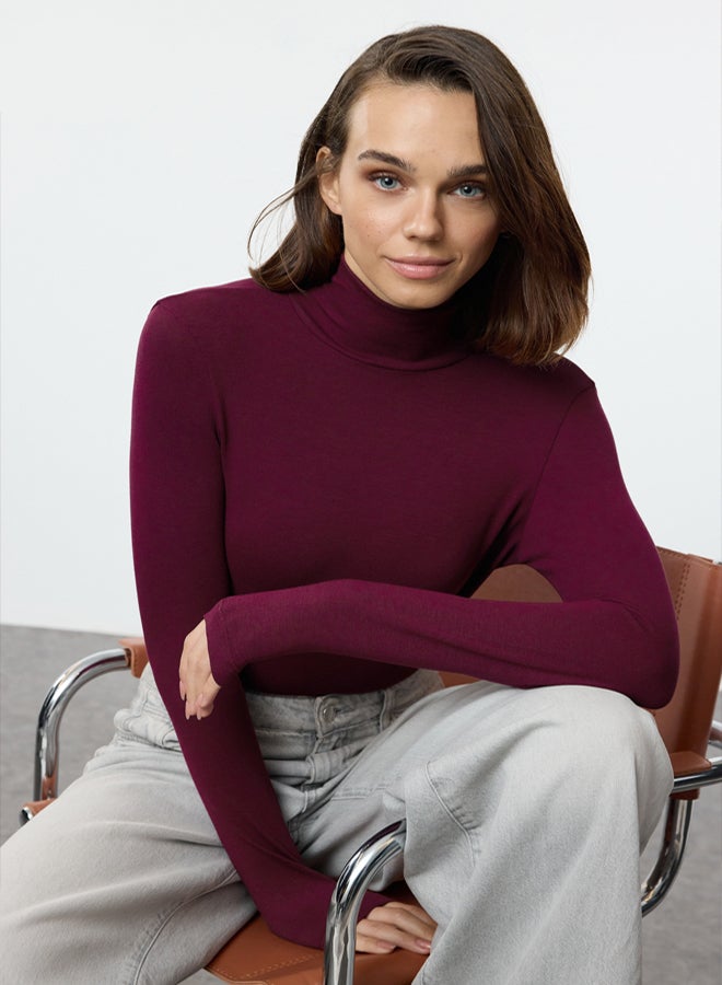 trendyol Burgundy Premium Soft Fabric Turtleneck Fitted Stretchy Knitted Blouse - Image 2