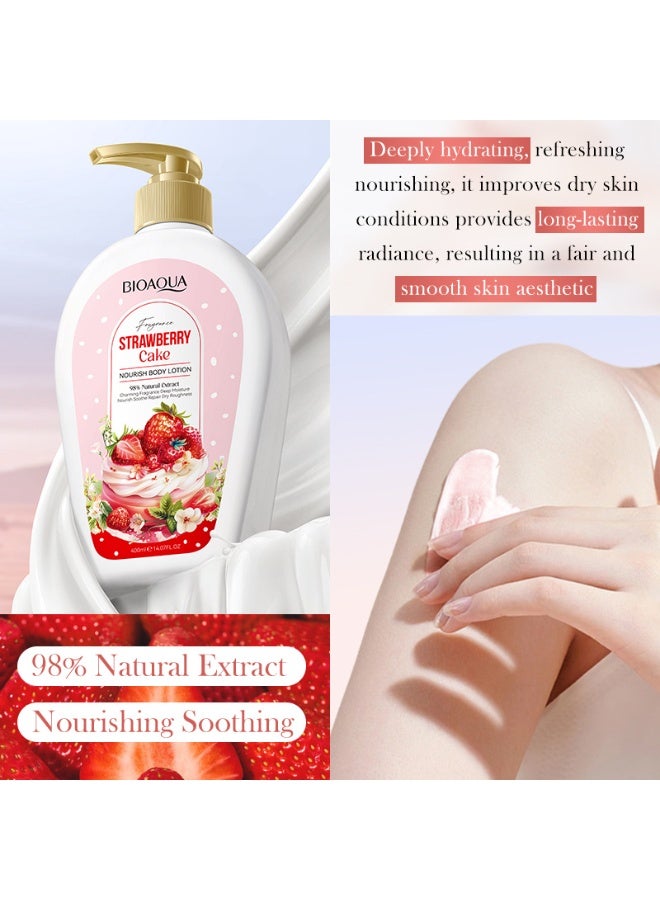 BIOAOUA Strawberry Cake Body Lotion - 98% Natural Extract, Long-Lasting Fragrance & Deep Moisture for Dry Skin, 400ml (14.07 Fl Oz) - Image 4