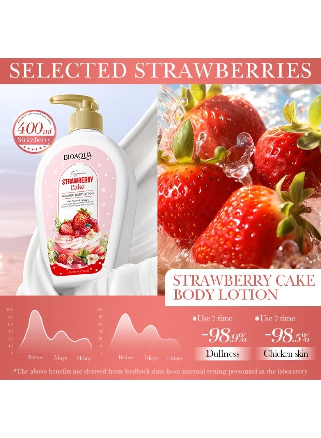 BIOAOUA Strawberry Cake Body Lotion - 98% Natural Extract, Long-Lasting Fragrance & Deep Moisture for Dry Skin, 400ml (14.07 Fl Oz) - Image 2