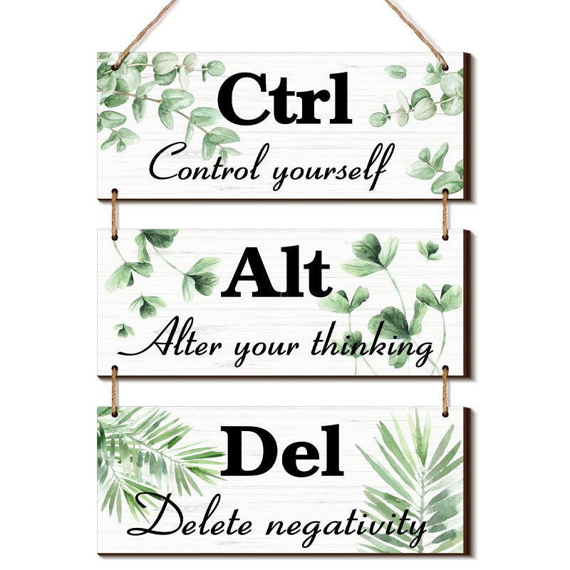 Qunclay 3 Pcs Office Wall Decor Green Leaves Wood Rustic Hanging Cubicle Decor Summer Inspirational Ctrl Alt Del Sign Decoration for Bathroom Indoor Home Living RoomLeaves