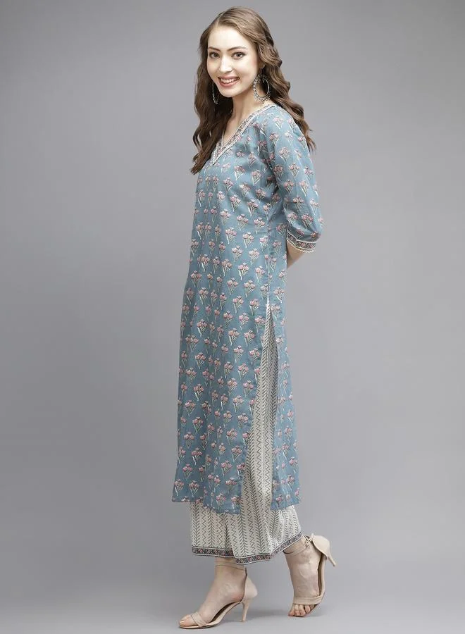 Libas Multi Printed Cotton Straight Kurta, Palazzo And Dupatta Set