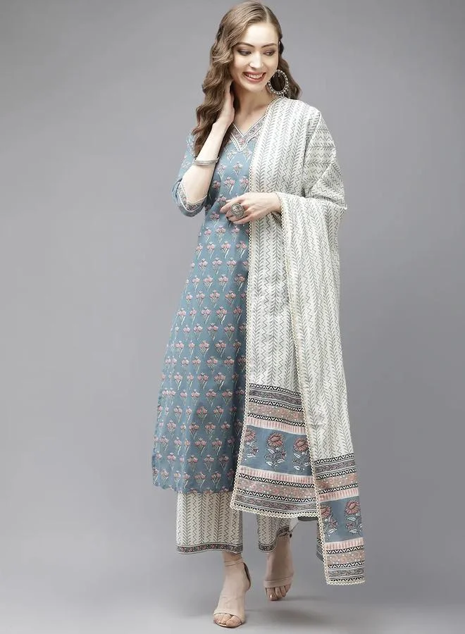 Libas Multi Printed Cotton Straight Kurta, Palazzo And Dupatta Set