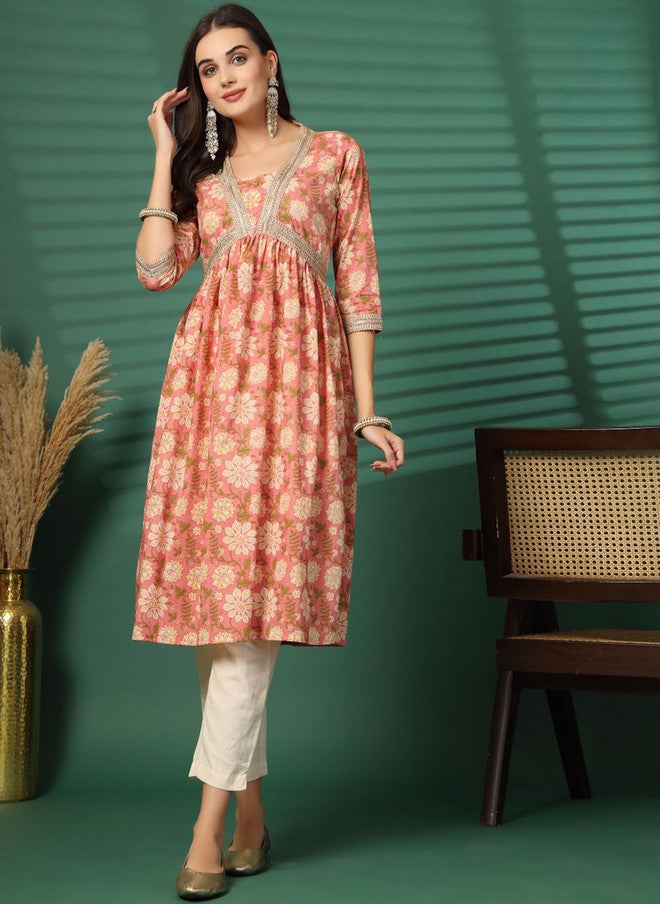 LARGISH Floral Printed V-Neck Zari Empire Pure Cotton A-Line Kurta - Image 1