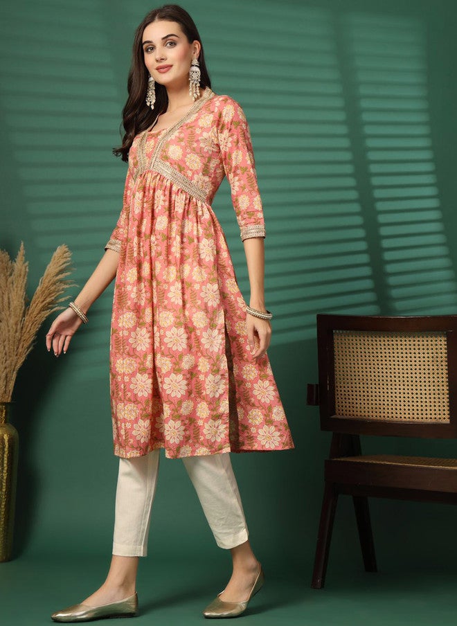 LARGISH Floral Printed V-Neck Zari Empire Pure Cotton A-Line Kurta - Image 3