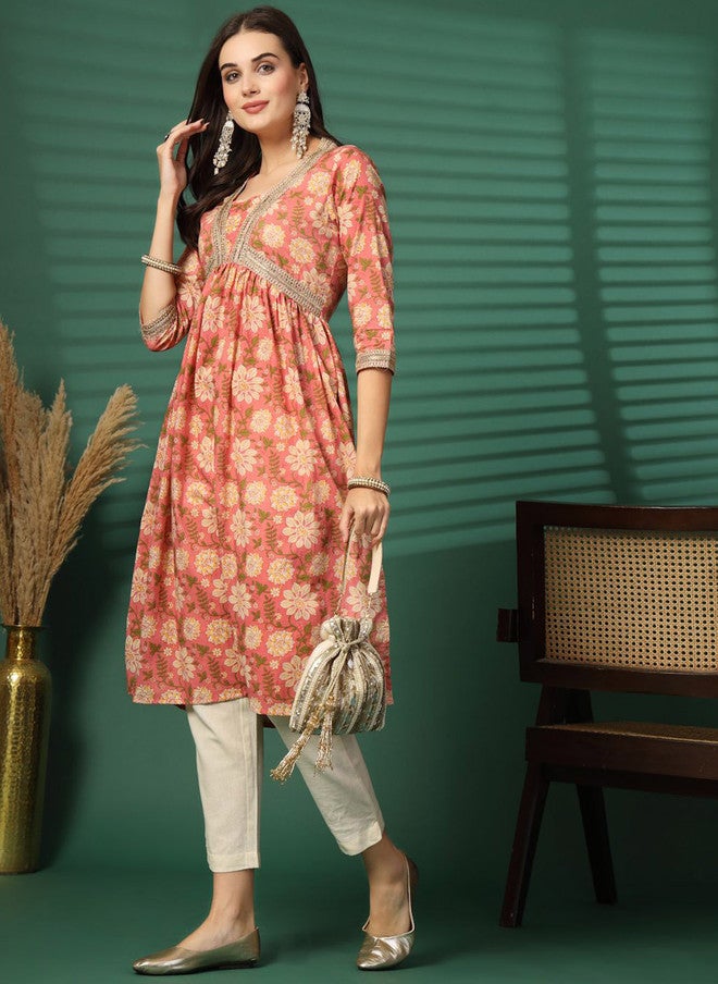 LARGISH Floral Printed V-Neck Zari Empire Pure Cotton A-Line Kurta - Image 5