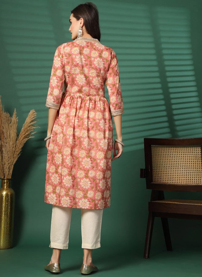 LARGISH Floral Printed V-Neck Zari Empire Pure Cotton A-Line Kurta - Image 4