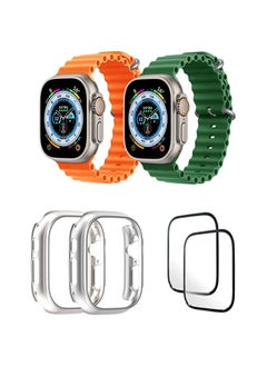 Silicone Ocean Band Strap for Apple Watch Ultra 8 49mm Orange/Green , Case Compatible with Apple Watch Ultra 49mm Transparent/Silver , 2* pcs Watch glass Set of 6