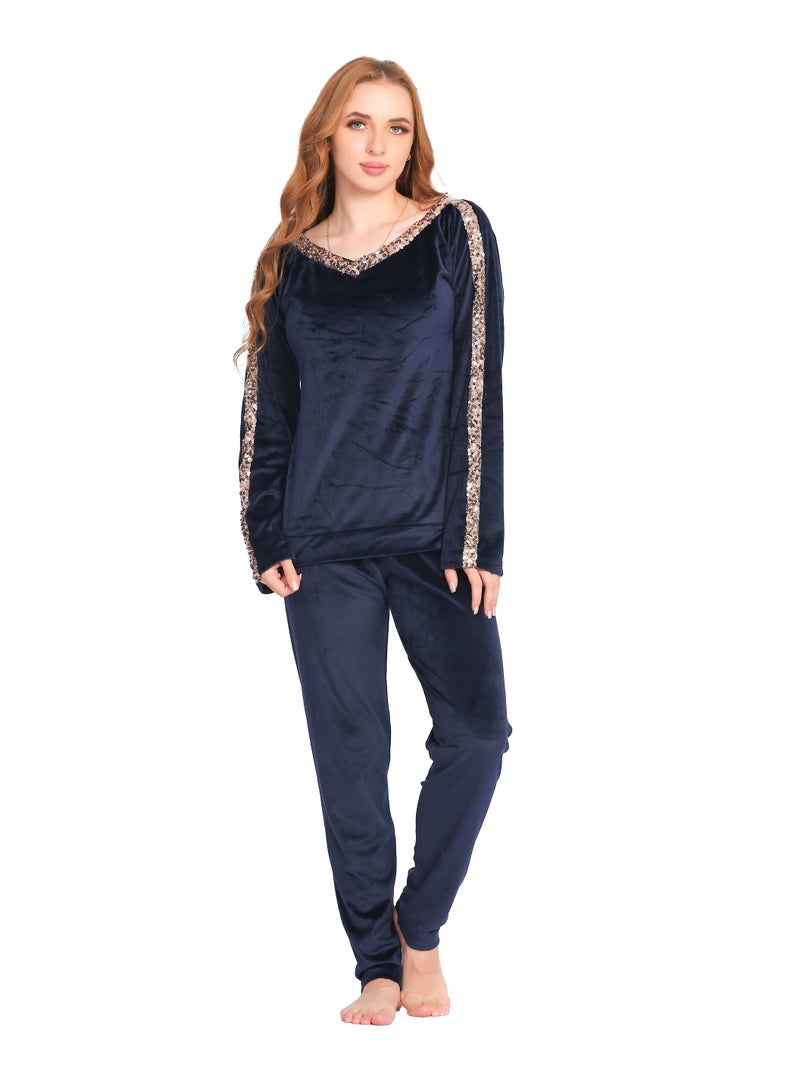 Dadoush Women's pajama set velvet long sleeve blouse and pants for a distinctive and warm winter look.  - Image 1