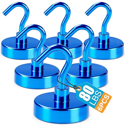 LOVIMAG 6 Pack 80LB Magnetic Hooks, Strong Cabin Ship Essentials Hook Heavy Duty Refrigerator Fridge Magnets Hanging for Classroom Beach Vacation Kitchen Grills Home Blue - Image 1
