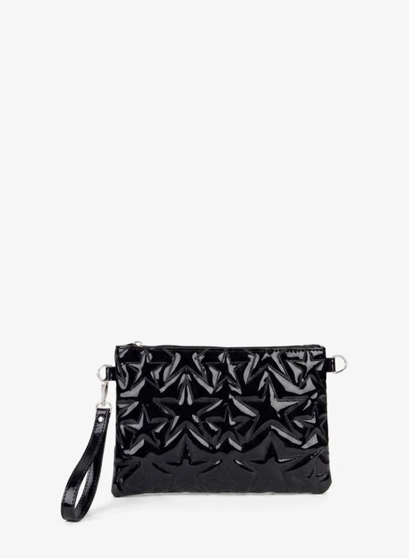 Women's Black Star Embroidered PU Leather Wrist and Chain Strap Portfolio Hand and Clutch Bag.