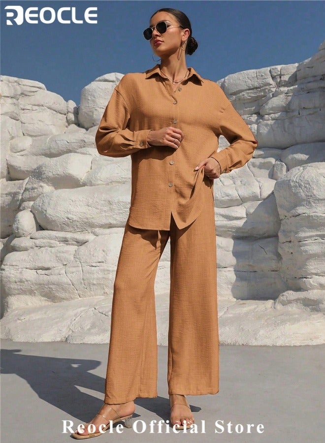 ريوكل طقم نسائي من قطعتين مصنوع من القطن والكتان ملابس رجعية مريحة وقابلة للتنفس قميص بأزرار وأكمام طويلة مع سروال واسع الأرجل بخصر مرتفع - Image 2