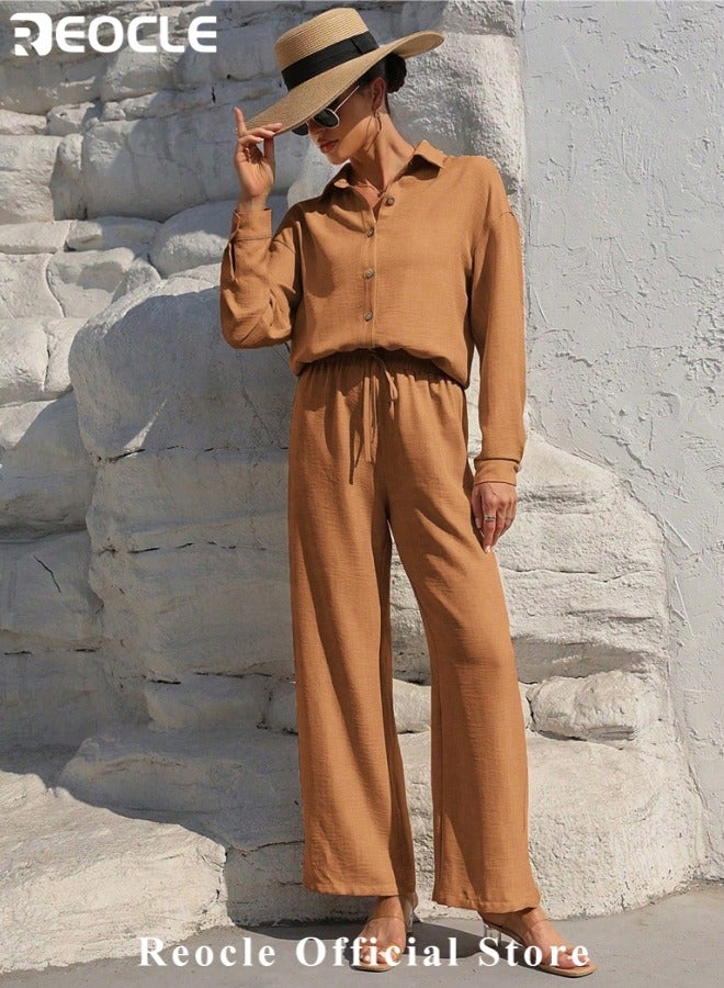 ريوكل طقم نسائي من قطعتين مصنوع من القطن والكتان ملابس رجعية مريحة وقابلة للتنفس قميص بأزرار وأكمام طويلة مع سروال واسع الأرجل بخصر مرتفع - Image 4
