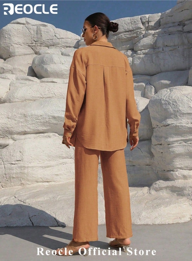 ريوكل طقم نسائي من قطعتين مصنوع من القطن والكتان ملابس رجعية مريحة وقابلة للتنفس قميص بأزرار وأكمام طويلة مع سروال واسع الأرجل بخصر مرتفع - Image 3