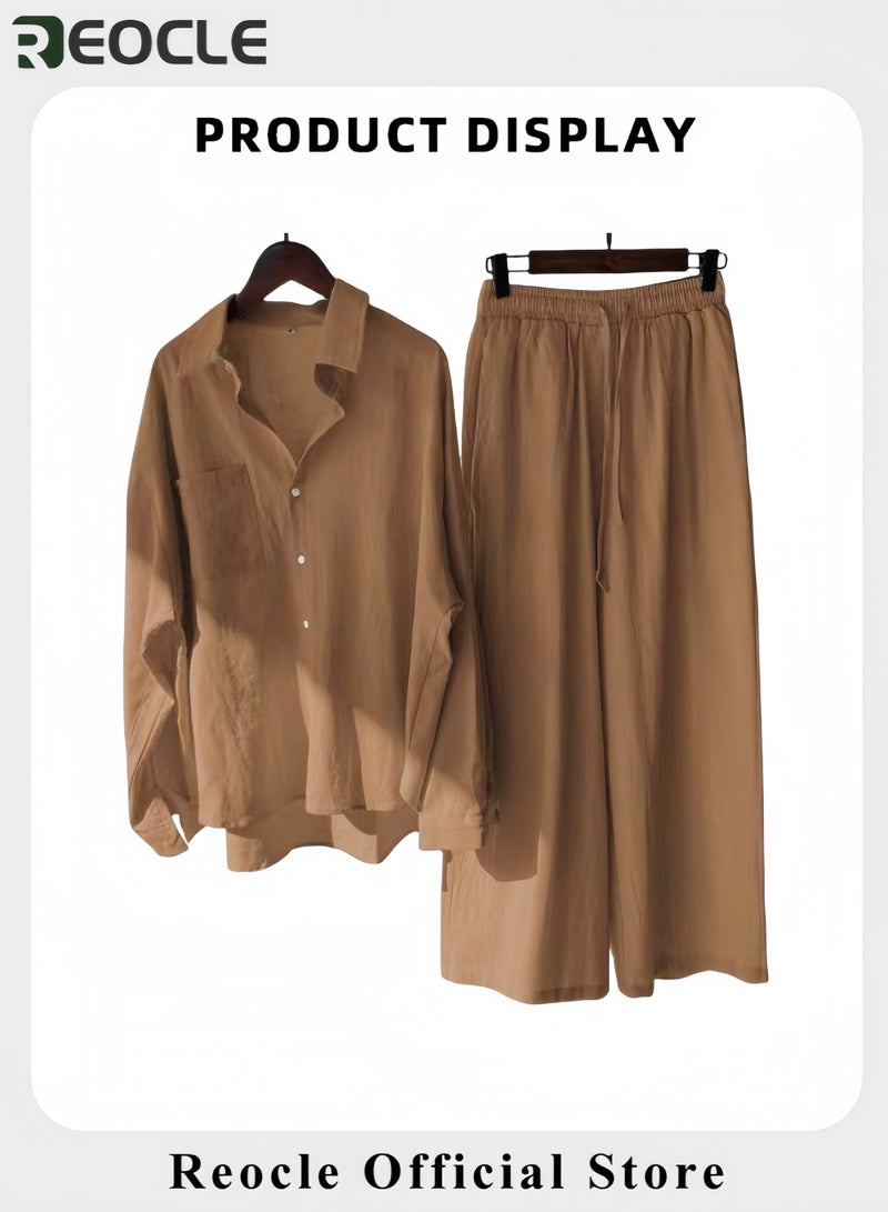 ريوكل طقم نسائي من قطعتين مصنوع من القطن والكتان ملابس رجعية مريحة وقابلة للتنفس قميص بأزرار وأكمام طويلة مع سروال واسع الأرجل بخصر مرتفع - Image 5