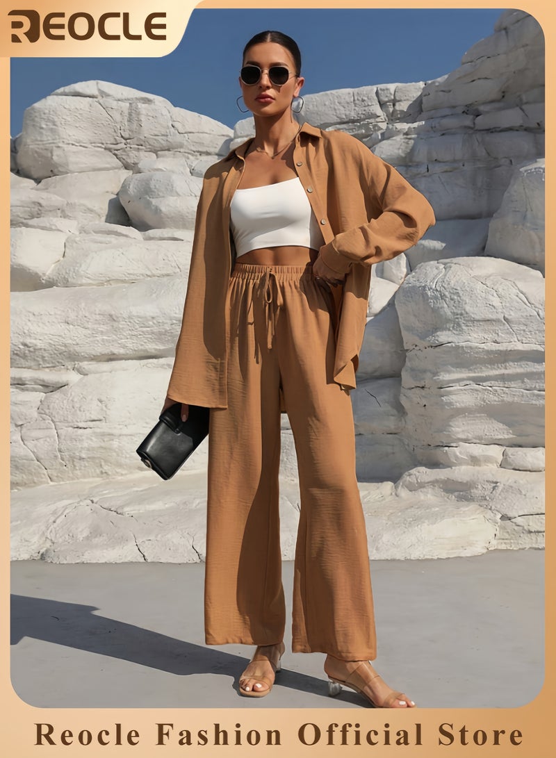 ريوكل طقم نسائي من قطعتين مصنوع من القطن والكتان ملابس رجعية مريحة وقابلة للتنفس قميص بأزرار وأكمام طويلة مع سروال واسع الأرجل بخصر مرتفع - Image 1