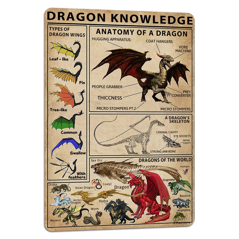 PAIION Dragon Knowledge Types of Dragon Wings Metal Sign 8x12 Inches, Boy Bedroom Home Kitchen Retro Bar Pub Office Wall Decor - Image 1