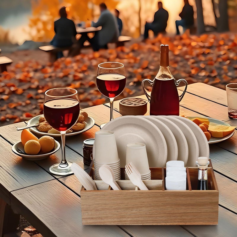 BOTOP Acacia Wood Utensil Holder for Party, Paper Plate Organizer Silverware Caddy with 6 Compartments for Plate, Cup, Fork, Spoon, Cutlery Holder Countertop for Kitchen Camping Buffet - Image 2