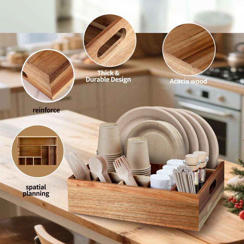BOTOP Acacia Wood Utensil Holder for Party, Paper Plate Organizer Silverware Caddy with 6 Compartments for Plate, Cup, Fork, Spoon, Cutlery Holder Countertop for Kitchen Camping Buffet - Image 4