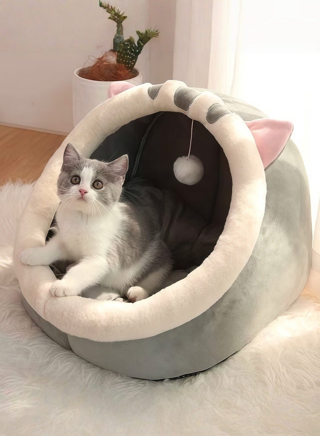 Cave Cat Bed for Indoor Cats Machine Washable Pet Bed for Medium Cats and Small Dogs Non-slip Waterproof Bottom Semi-Enclosed Cat Cave Bed with a Plush Ball Large Space for Cats to Sleep Soft and Comfortable Covered Cat Bed - Image 1