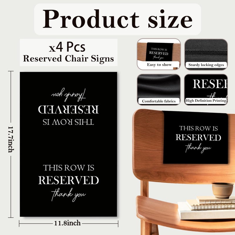 ChissNook Reserved Seating Chair Signs, This Row Is Reserved Pew Cloths Seating Placeholder for Church Pews, Wedding Decorations for Reception Parties Celebrations Event Meetings (Black, 4 PCS) - Image 2