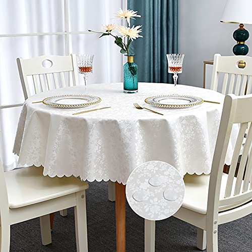 Romanstile Round Vinyl Tablecloth100 Waterproof Heavy Duty Oil Spill Proof Stain Resistant Plastic PU Table Cover with Flannel Backing for Kitchen  Dining Rose Ivory White 60 Round