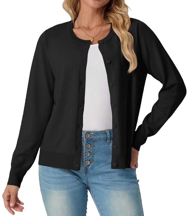 GRECERELLE Cardigan Sweaters for Women Lightweight Long Sleeve Crew Neck Button Up Soft Ribbed Knit Cardigans 2026 Spring Outfits Black M - Image 2