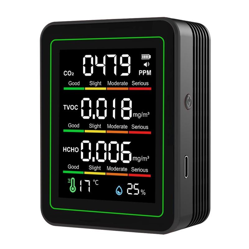 Indoor Air Quality Monitor, 5 in 1 Portable Smart Air Quality Tester with NDIR Infrared Sensor for CO2, TVOC, HCHO, Temperature and Humidity for Home, Office, Car, Plant, Pet - Image 1