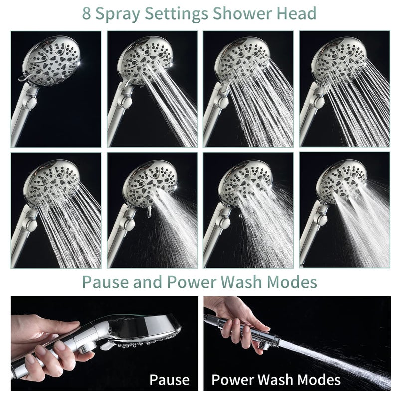 WHZeffect Handheld Shower Heads with ON OFF Switch,Extra Long 79-inch Hose 8 Spray Settings High Pressure Detachable Showerhead,Built-in Power Sprayer to Clean Pets, Adjustable Angle Bracket,Silver - Image 2