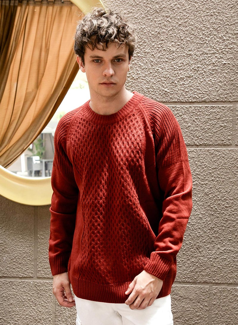 Campus Sutra Men's Ash Brown Mesh-Knit Pullover Sweater  - Image 2