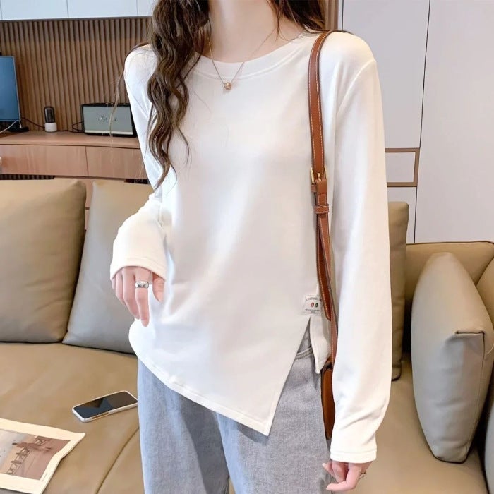 Autumn and Winter New Double-sided Velvet T-shirt Women's Design Sense Warm Top Irregular Slim Split Base Shirt Long Sleeve - Image 1